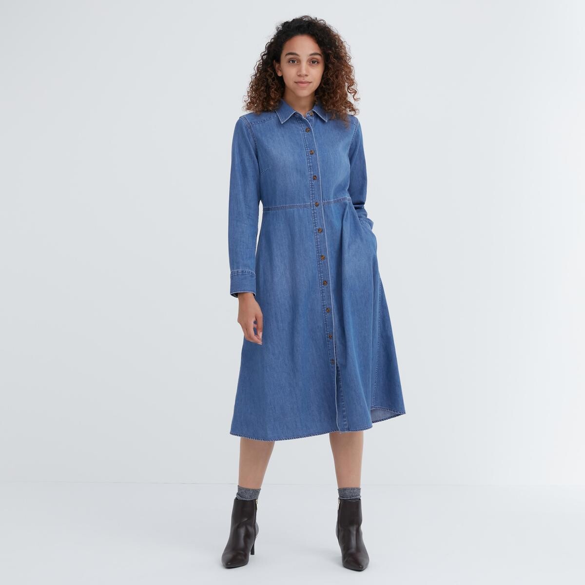 

Женское платье-рубашка Uniqlo джинсовое, синий