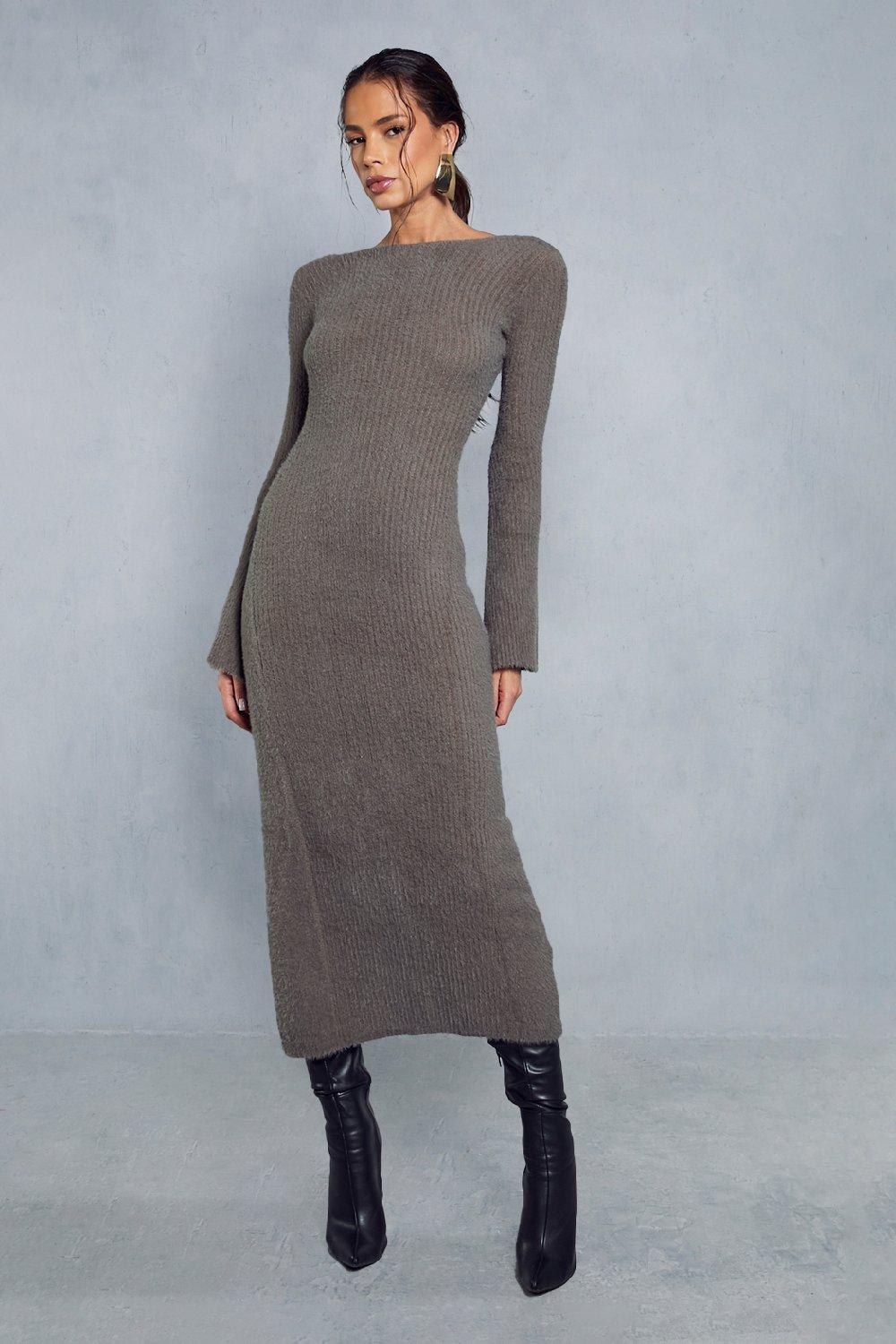 Пышное трикотажное платье макси премиум-класса с открытой спиной и разрезом MISSPAP, хаки короткий свитер с открытой спиной motivi черный