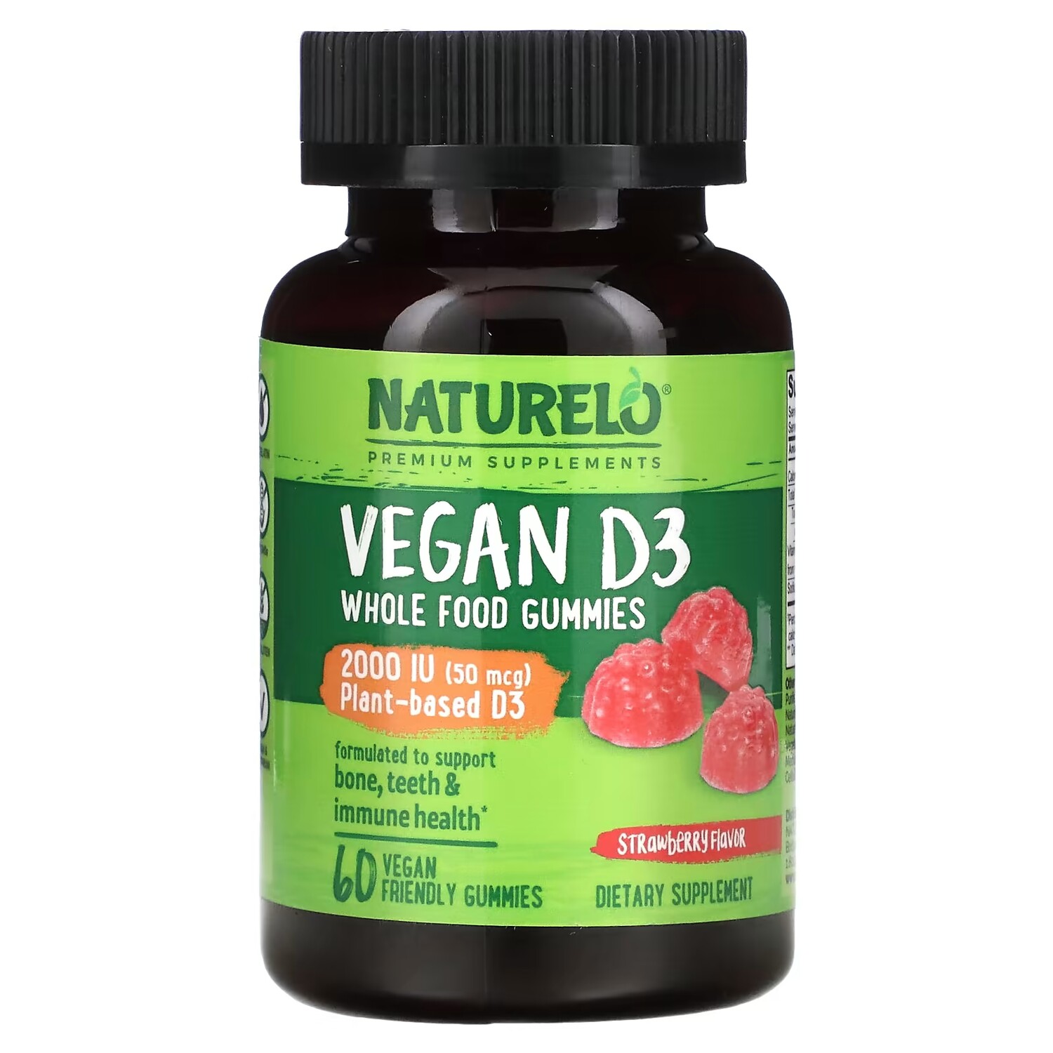 

Цельнопищевые жевательные конфеты Naturelo Vegan D3 с клубникой 2000 МЕ, 60 веганских жевательных таблеток
