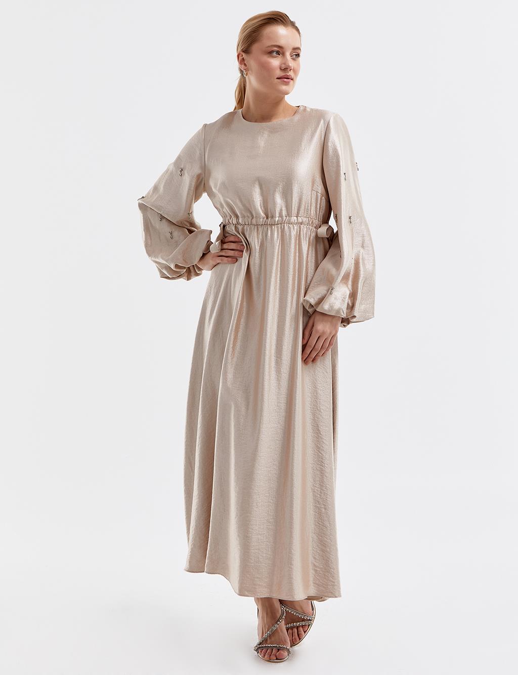 Платье с объемными рукавами и вышивкой песочно-бежевого цвета Kayra