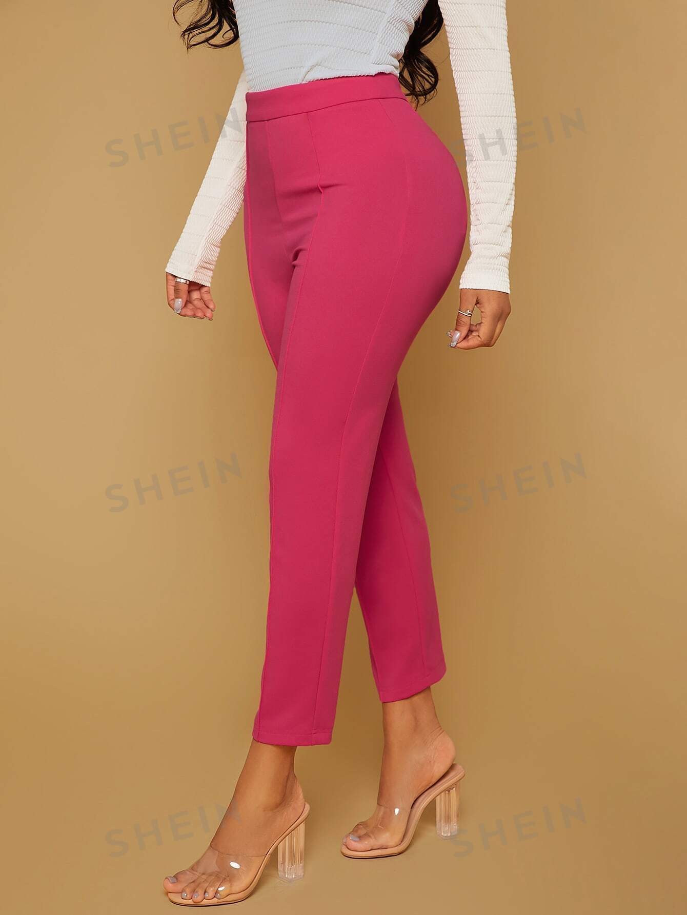 SHEIN SXY Женские однотонные брюки узкого кроя полной длины, розовый фото