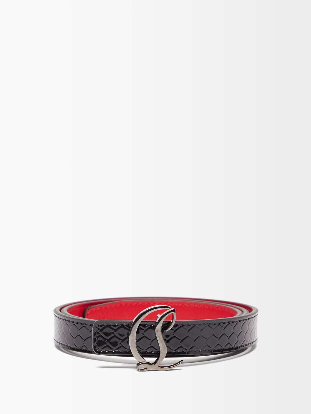 

Ремень из лакированной кожи со змеиным эффектом и пряжкой с логотипом Christian Louboutin, черный
