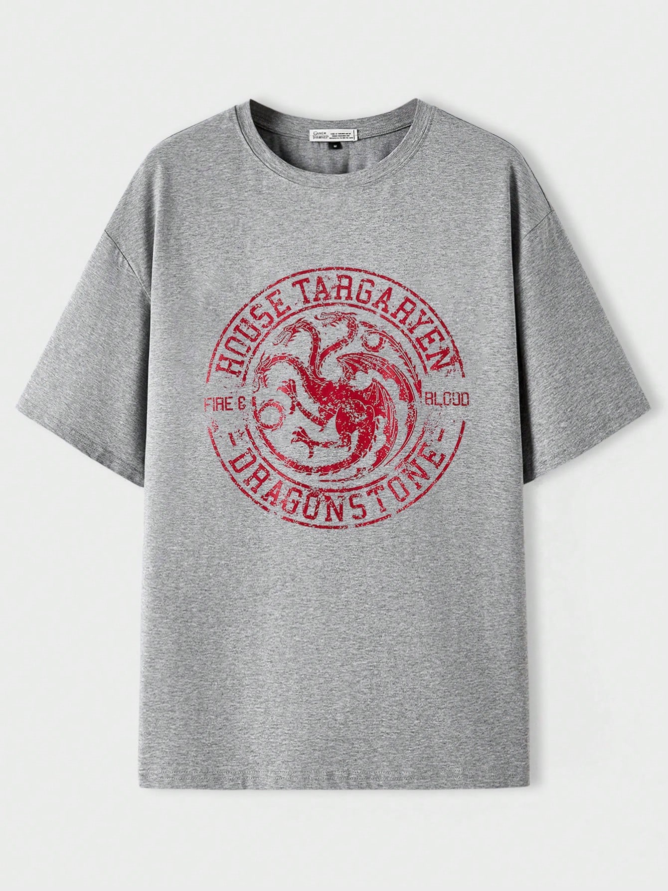 мужская футболка dragon crest game of thrones черный Футболка унисекс с заниженными плечами SHEIN с рисунком дракона и буквами, серый