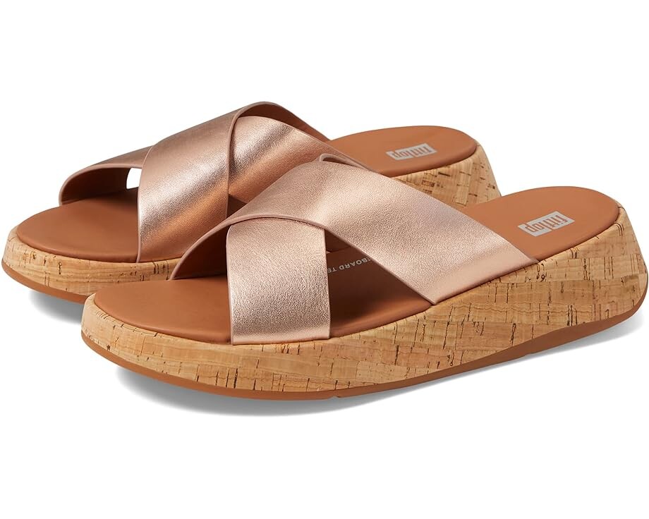 Туфли FitFlop F-Mode Metallic Leather/Cork Flatform Cross Slides, розовое золото цена и фото