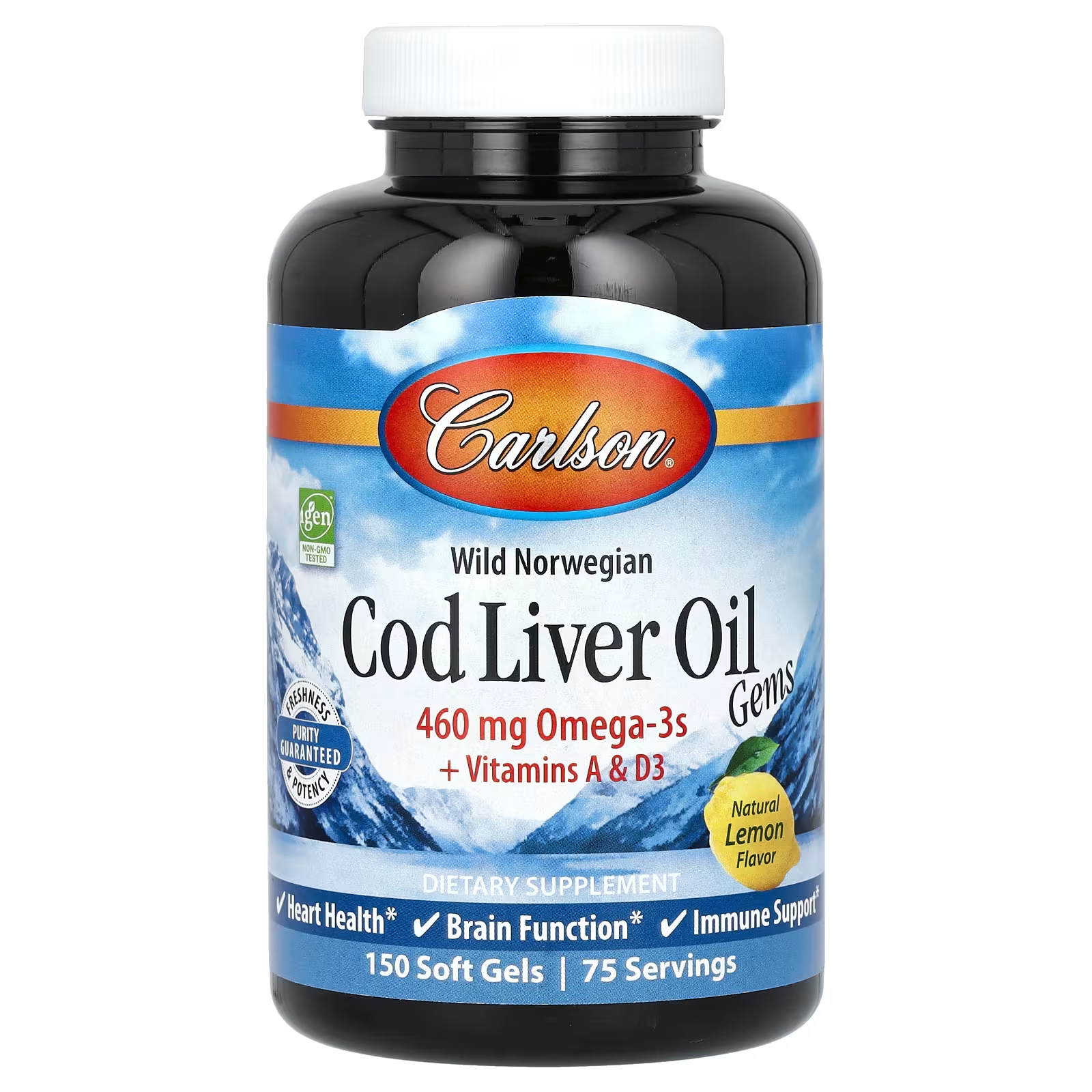 Омега-3 + Витамин A и Витамин D3 Carlson Wild Carlson Cod Liver Oil Gems с лимонным вкусом, 150 таблеток