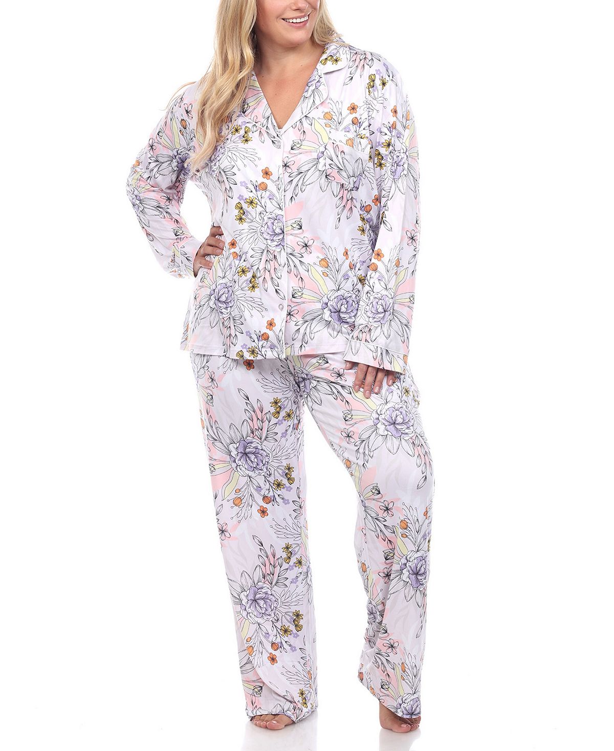 Пижамный комплект больших размеров с длинными рукавами и цветочным принтом, 2 предмета White Mark пижамный комплект больших размеров 3 предмета white mark розовый