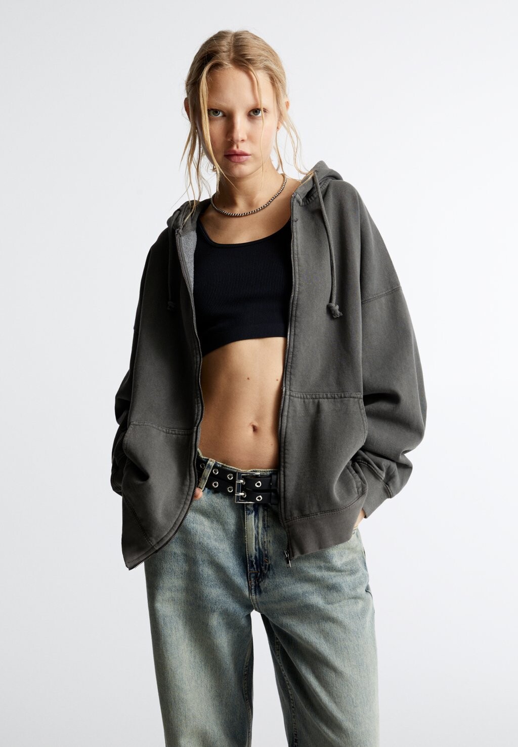 

Толстовка на молнии PULL&BEAR, темно-серая, Серый