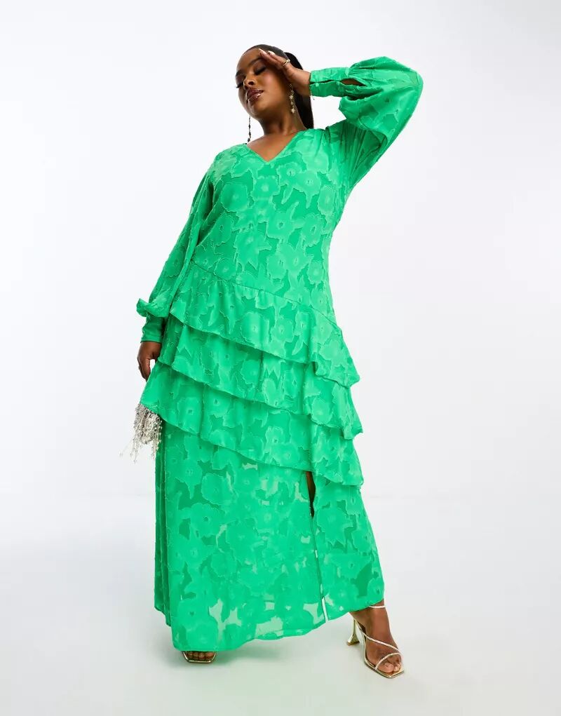 Зеленое жаккардовое платье макси с асимметричными рюшами Pretty Lavish Curve