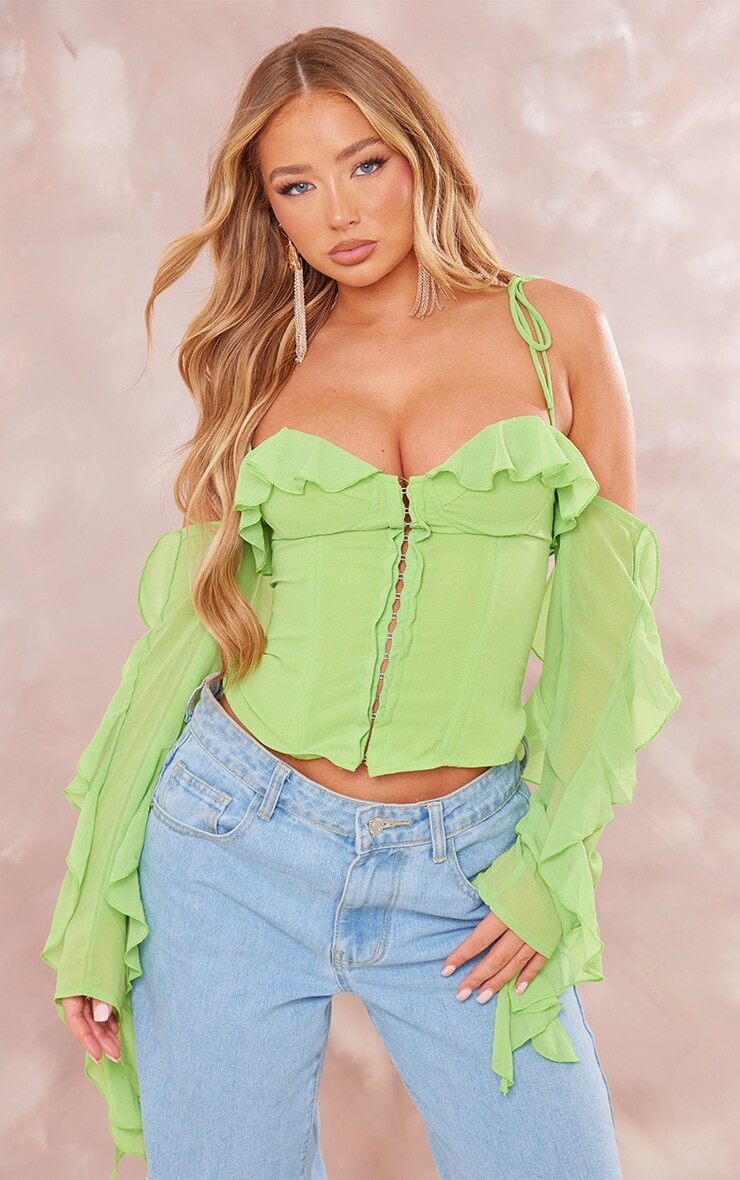 

PrettyLittleThing Тканый корсет с крючками и оборками на косточке лаймового цвета
