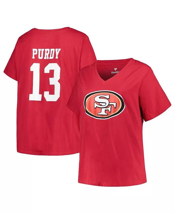 

Женская футболка Brock Purdy Scarlet San Francisco 49ers размера плюс с именем и номером игрока с v-образным вырезом Fanatics, красный