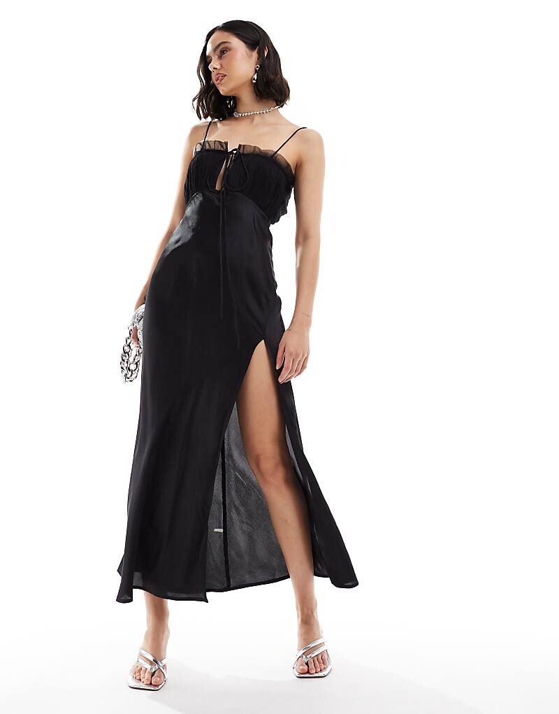 

ASOS DESIGN – Черное атласное платье миди с присборенной шифоновой деталью на груди