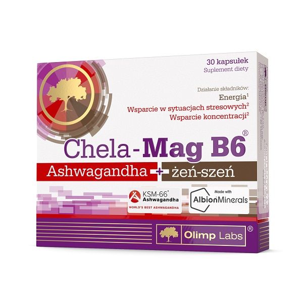 Olimp Chela-Mag B6 Ashwaganda + Żeń-Szeń препарат, поддерживающий работу нервной системы и улучшающий память и концентрацию, 30 шт. olimp labs биологически активная добавка к пище chela mag b6 690 мг 60 olimp labs витамины и минералы