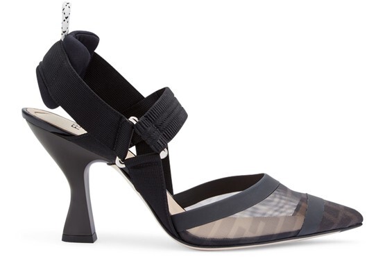 

Черная кожа и сетка, босоножки на высоком каблуке. Fendi, темно-серый
