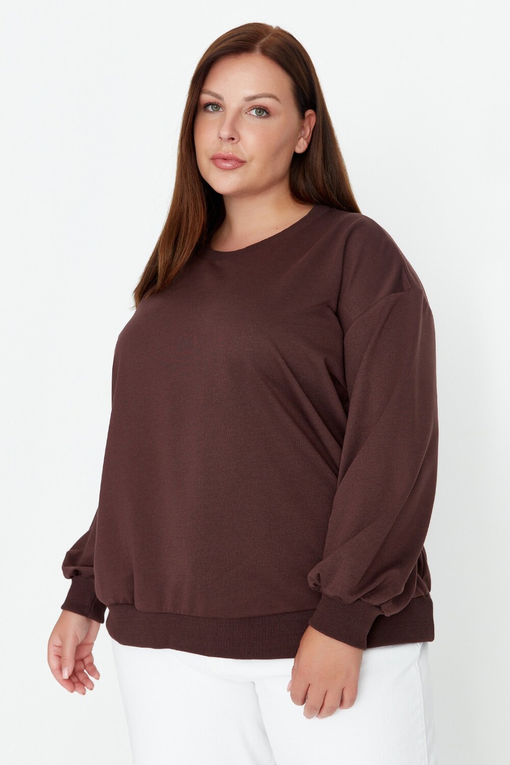 

Толстовка больших размеров - Коричневый - Oversize Trendyol, коричневый
