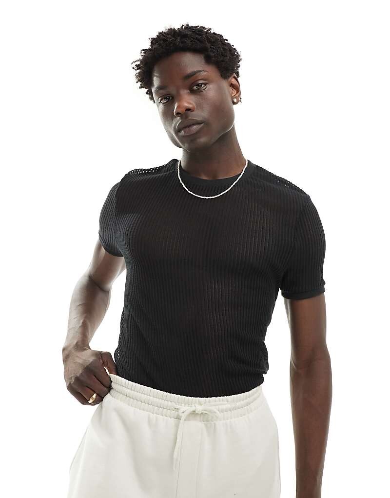 

Приталенная сетчатая футболка в черную полоску ASOS DESIGN