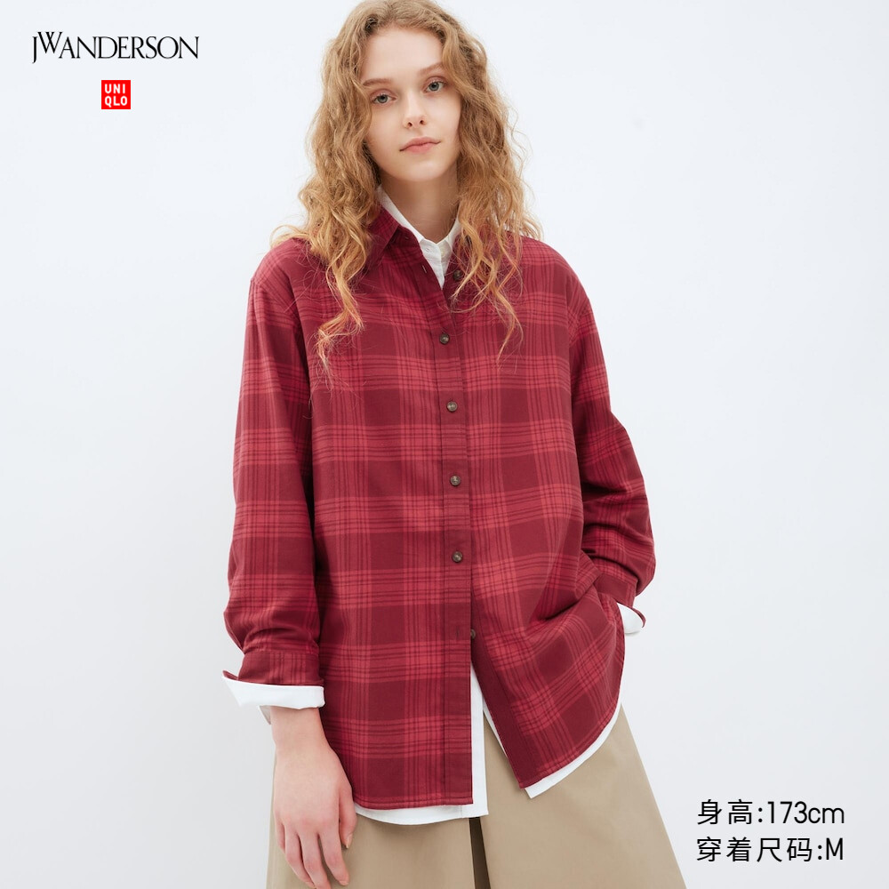 

Рубашка Uniqlo JWA длинная фланелевая в клетку, темно-красный