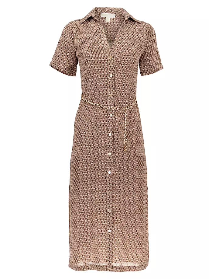 

Платье-рубашка миди из крепа с поясом и принтом Lattice Michael Michael Kors, цвет dark camel