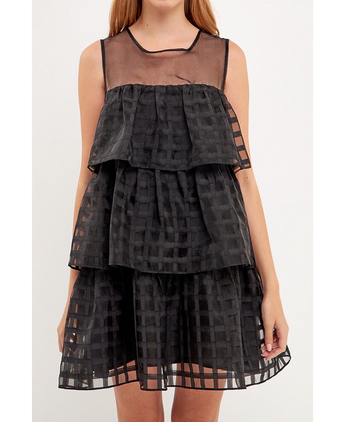 Женское многоярусное мини-платье без рукавов в сетку из ганзы English Factory, черный