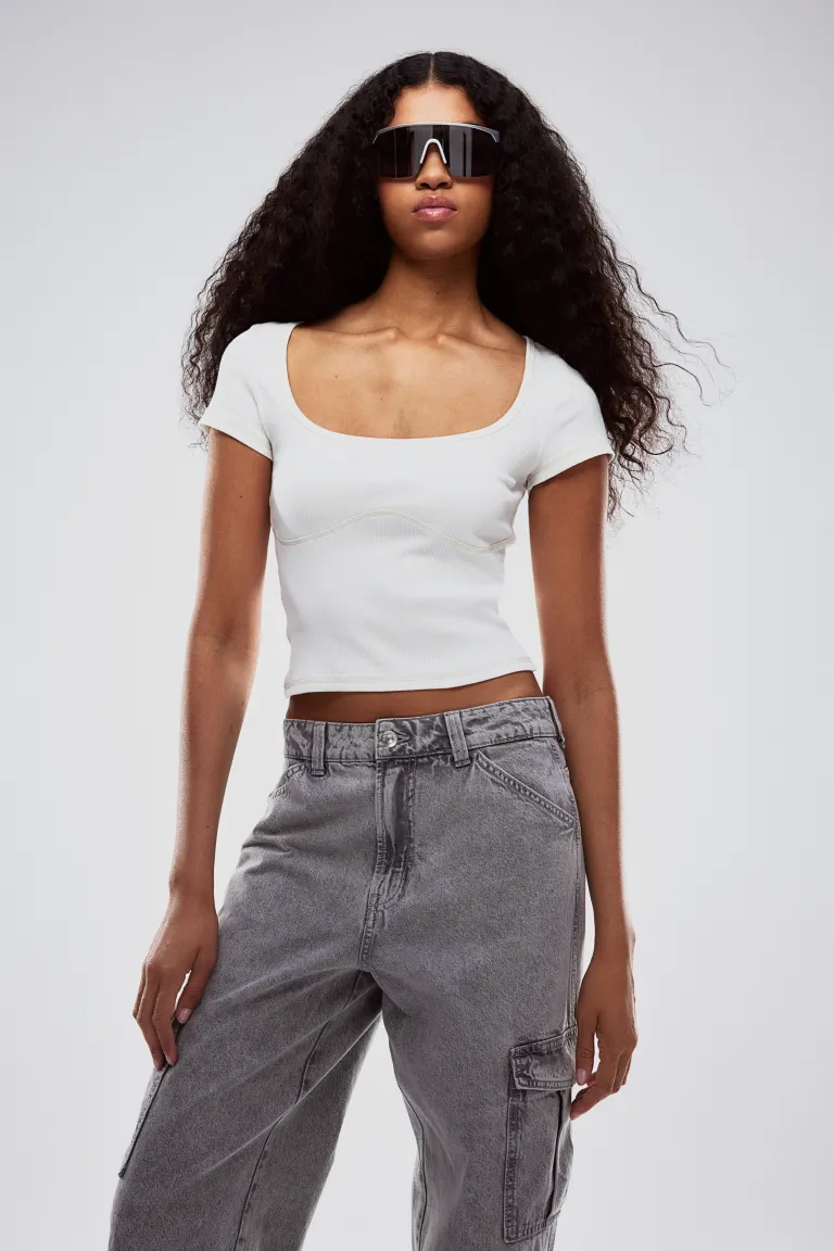 

Топ в рубчик с плоским швом H&M, бежевый