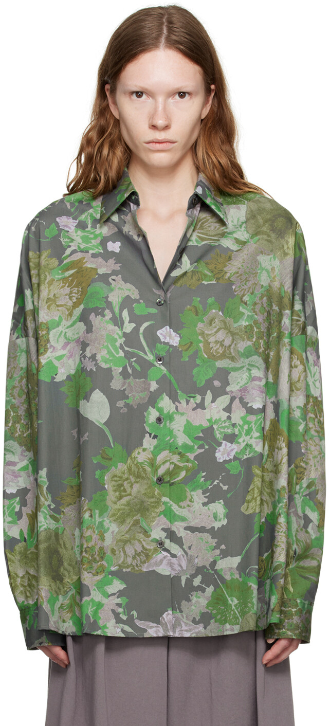 

Серо-зеленая рубашка с цветочным принтом Dries Van Noten