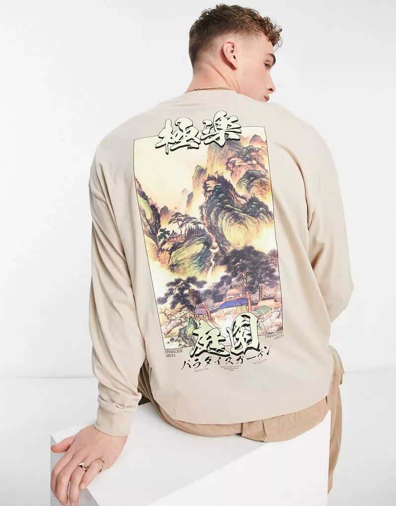 Бежевая рубашка оверсайз с длинными рукавами и пейзажным принтом ASOS