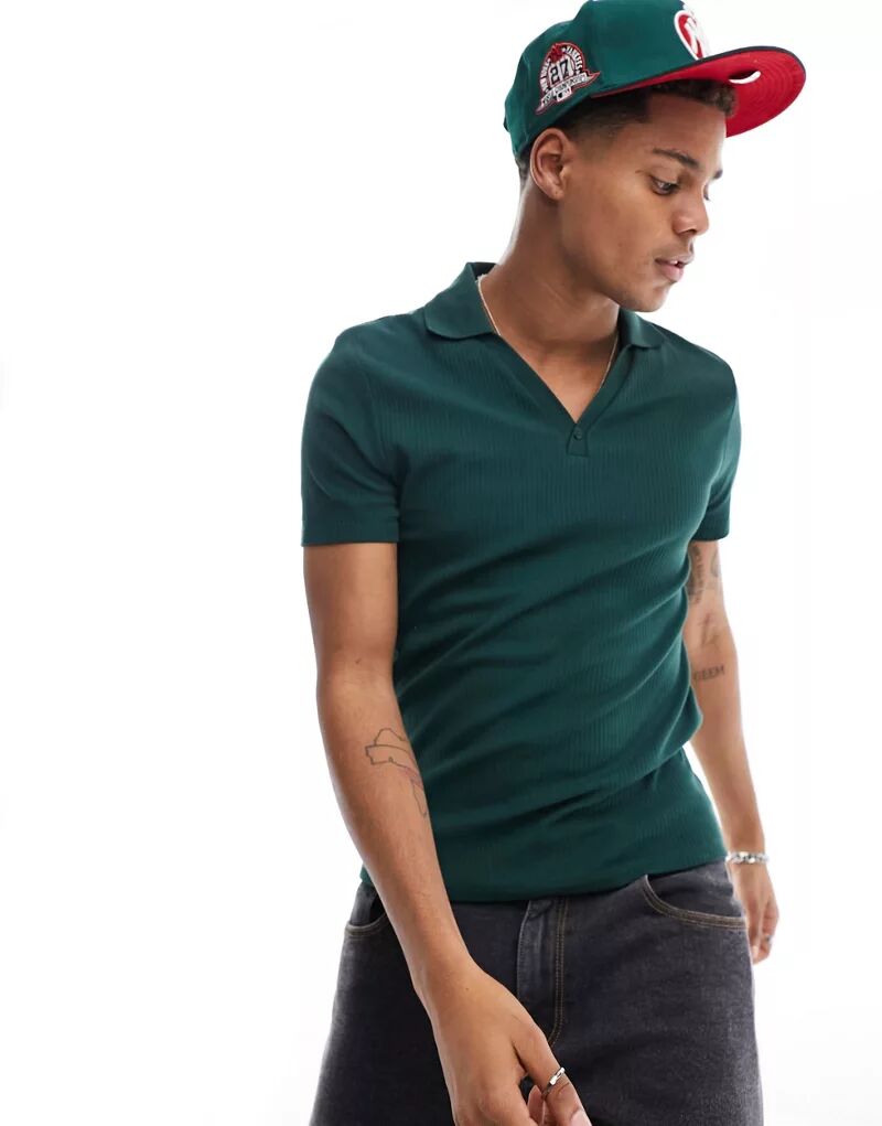 Зеленая рубашка-поло в рубчик ASOS