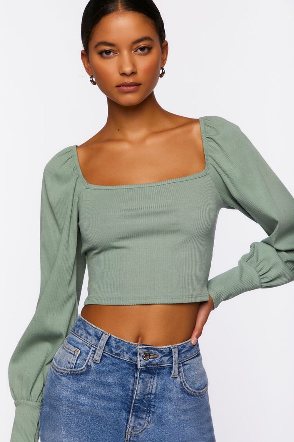

Укороченный топ с крестьянскими рукавами Forever 21, шалфей