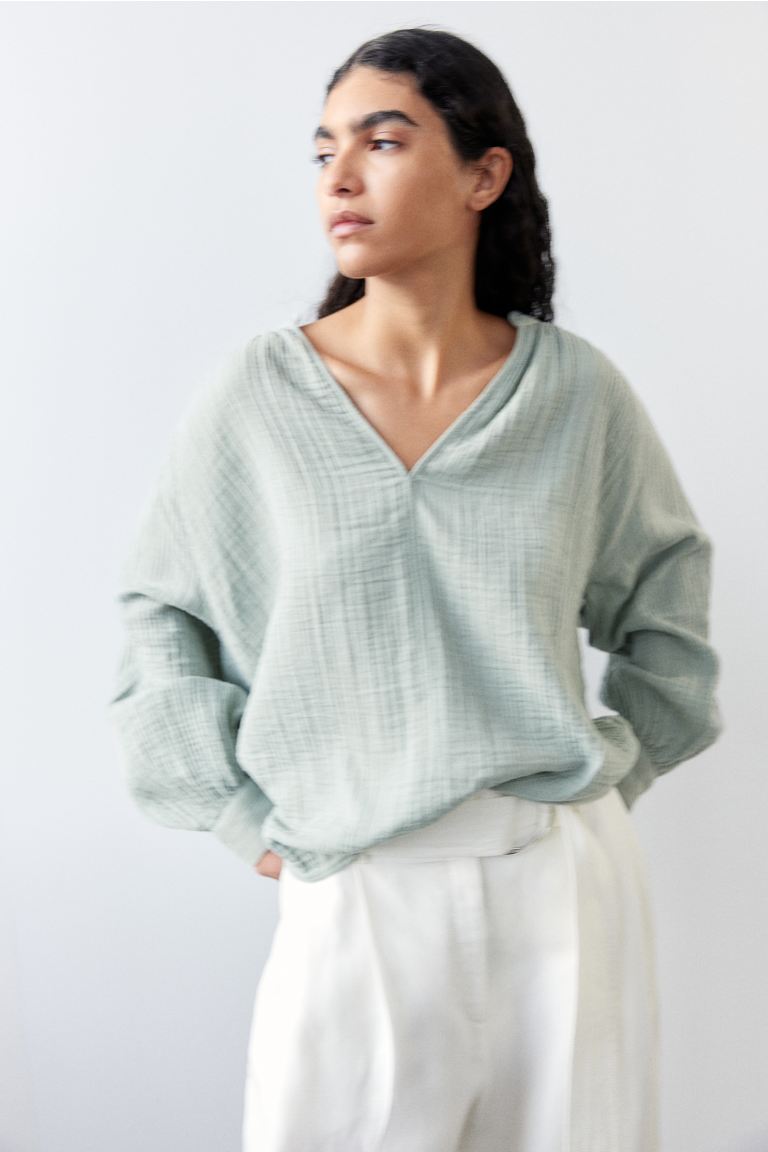 Блузка двойной плетения H&M, зеленый женская повседневная приталенная блузка с длинными рукавами фонариками и v образным вырезом