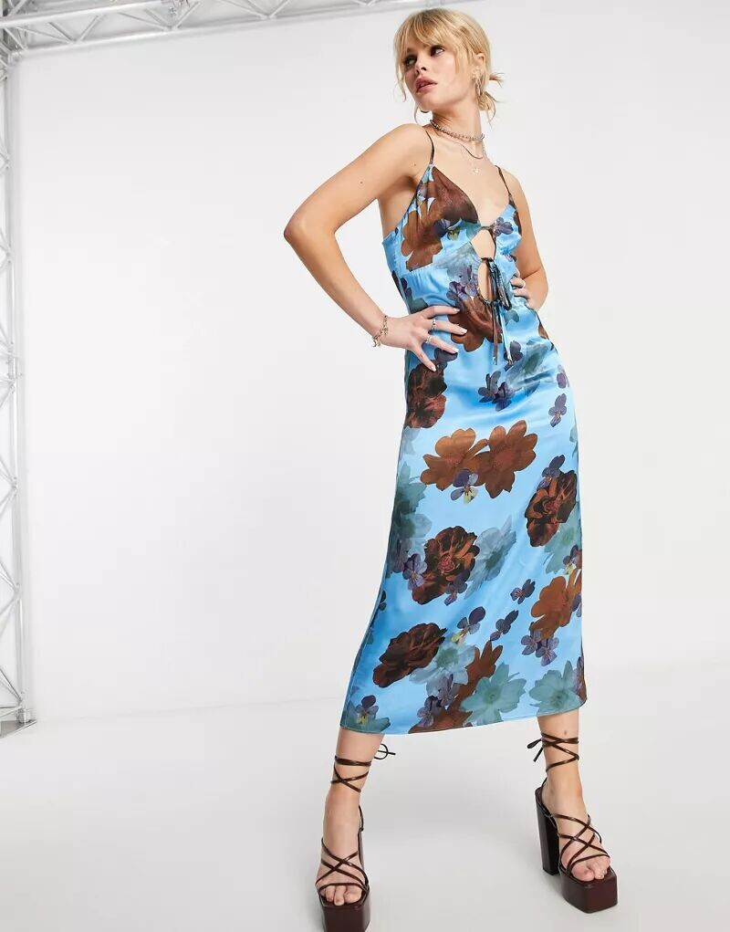 

Атласное платье миди Topshop с вырезами и цветочным принтом на бретелях