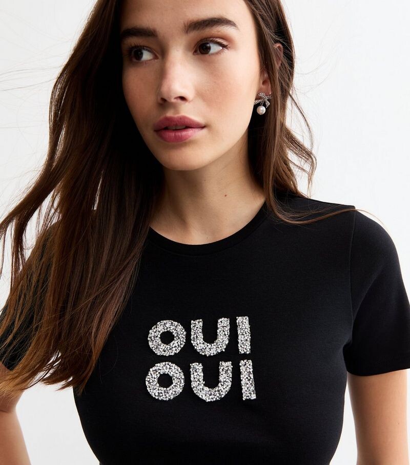 

Черная хлопковая футболка Oui Oui со стразами New Look, черный
