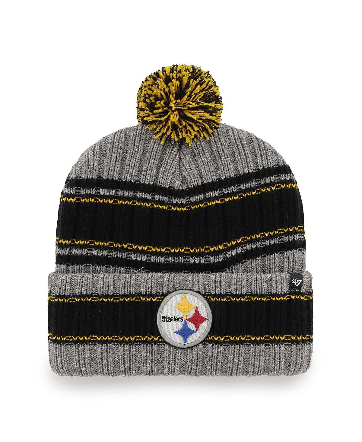 

Мужская графитовая вязаная шапка Pittsburgh Steelers Rexford с манжетами и помпоном '47 Brand