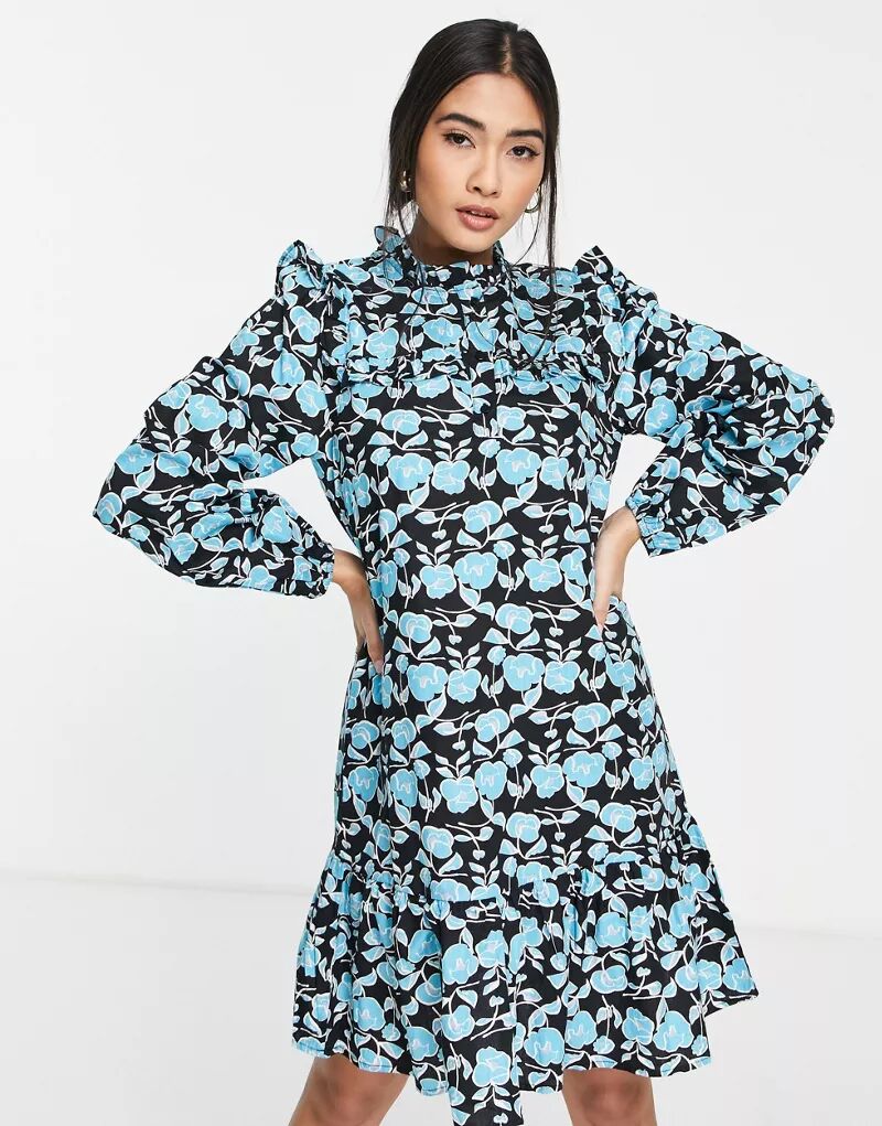 Короткое свободное платье Vero Moda с синим цветочным принтом и рюшами короткое платье с цветочным принтом vero moda черный