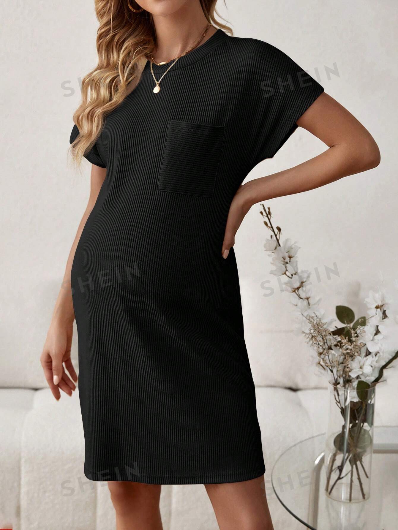 SHEIN Однотонное повседневное платье с карманами и рукавами «летучая мышь» для беременных, черный