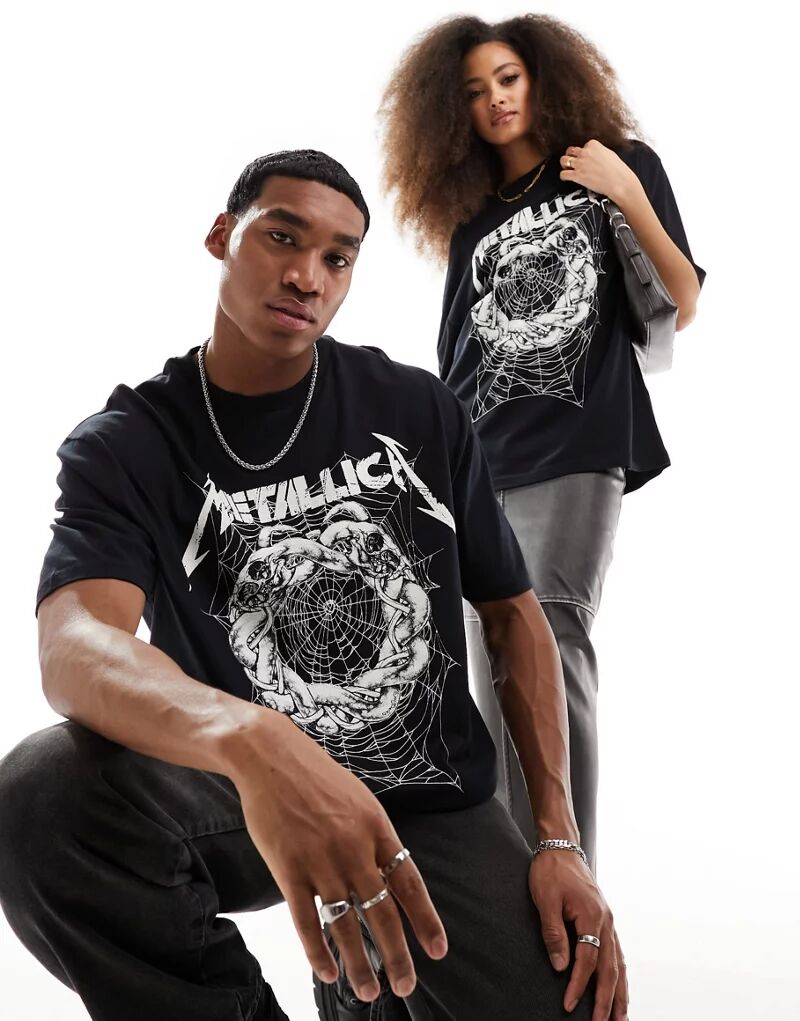 Черная оверсайз-футболка унисекс с лицензионными принтами Metallica ASOS коричневые шорты оверсайз с принтами asos