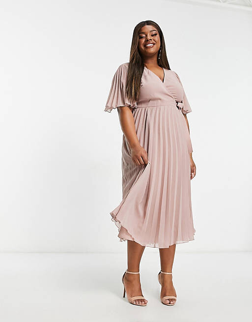 

Эксклюзивное плиссированное платье миди ASOS DESIGN Curve с румяными рукавами-кимоно и завязкой на талии.