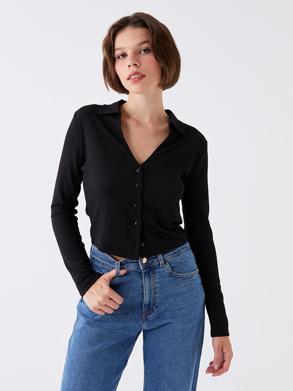 

Простая женская укороченная рубашка с длинным рукавом LCW Casual, новый черный