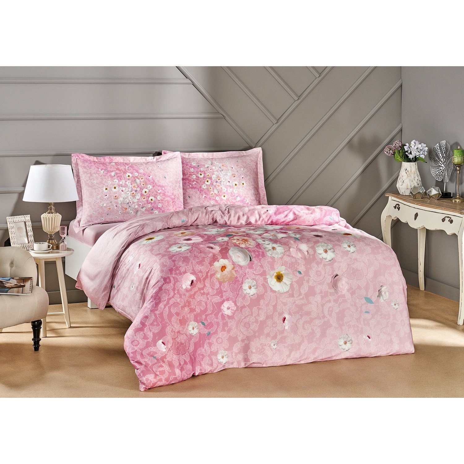 комплект постельного белья из хлопкового атласа elite sandero цвета хаки Tac - Комплект постельного белья из хлопкового атласа Serlina розового цвета