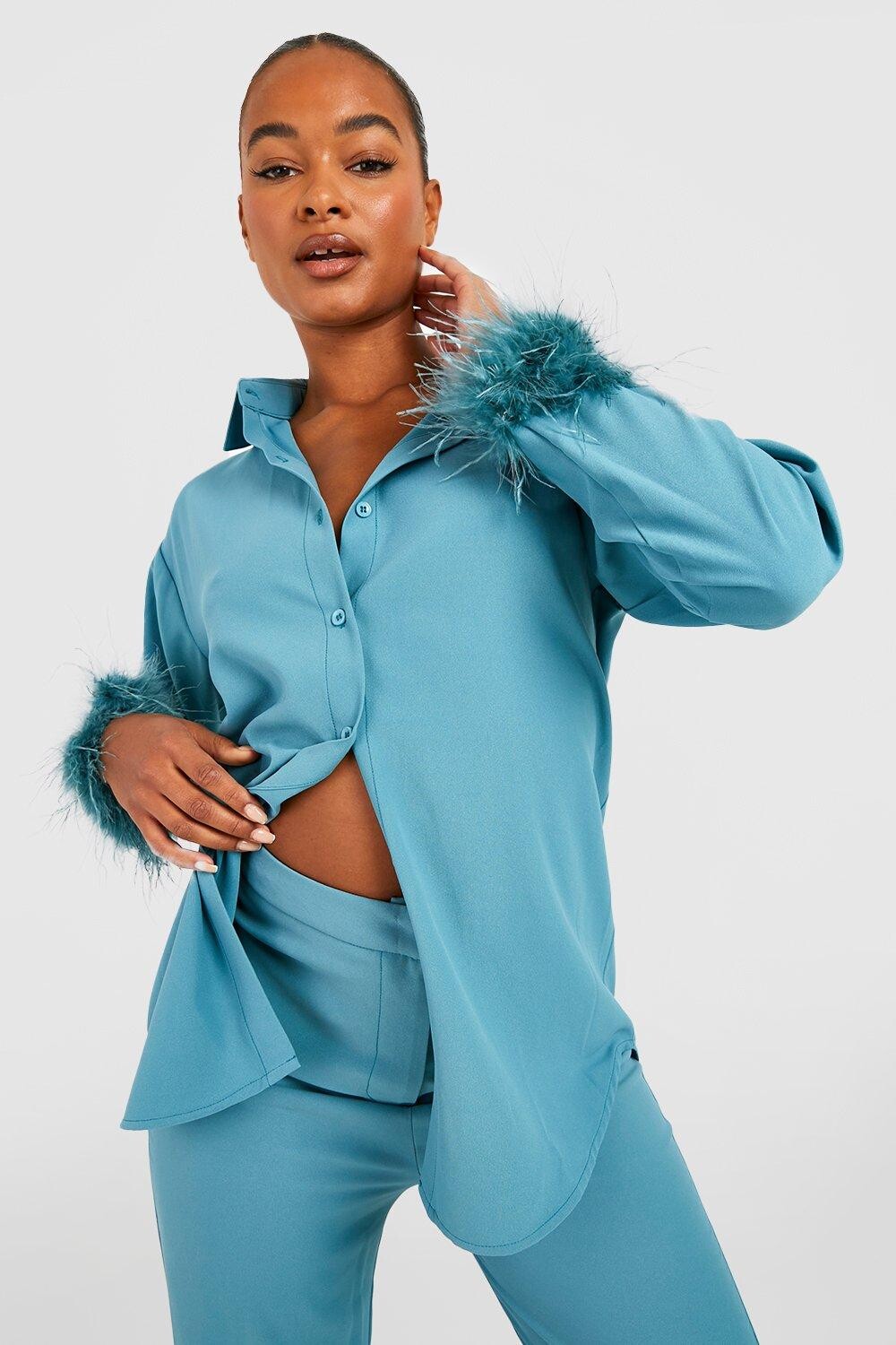 

Высокая рубашка с перьями на манжетах Boohoo, бирюзовый