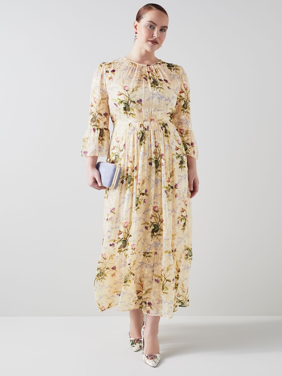 

LKBennett Royal Ascot x LKB Lourdes Meadow Scene Платье макси Devoré из смесового шелка, кремовый/разноцветный