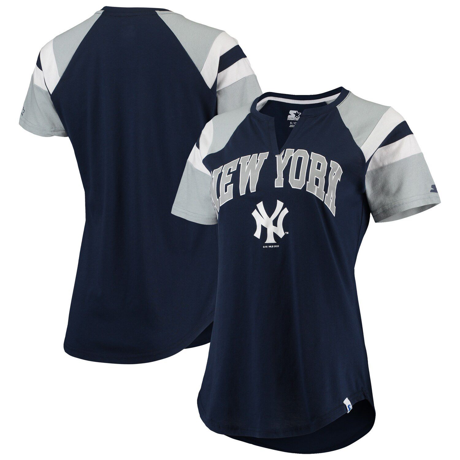 Женская стартовая футболка темно-синего/серого цвета с вырезом реглан New York Yankees Game Starter