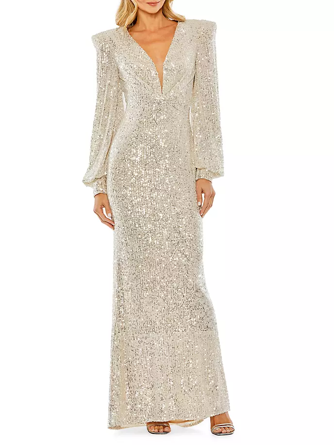 Платье с глубоким вырезом и расшитыми пайетками блузонами и рукавами Mac Duggal, цвет beige silver