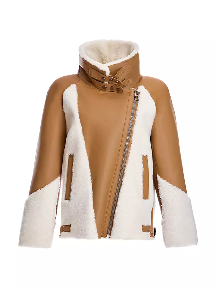 Байкерская куртка из окрашенной овчины ягненка Maximilian, цвет white caramel синяя байкерская куртка из гибридной овчины chloe