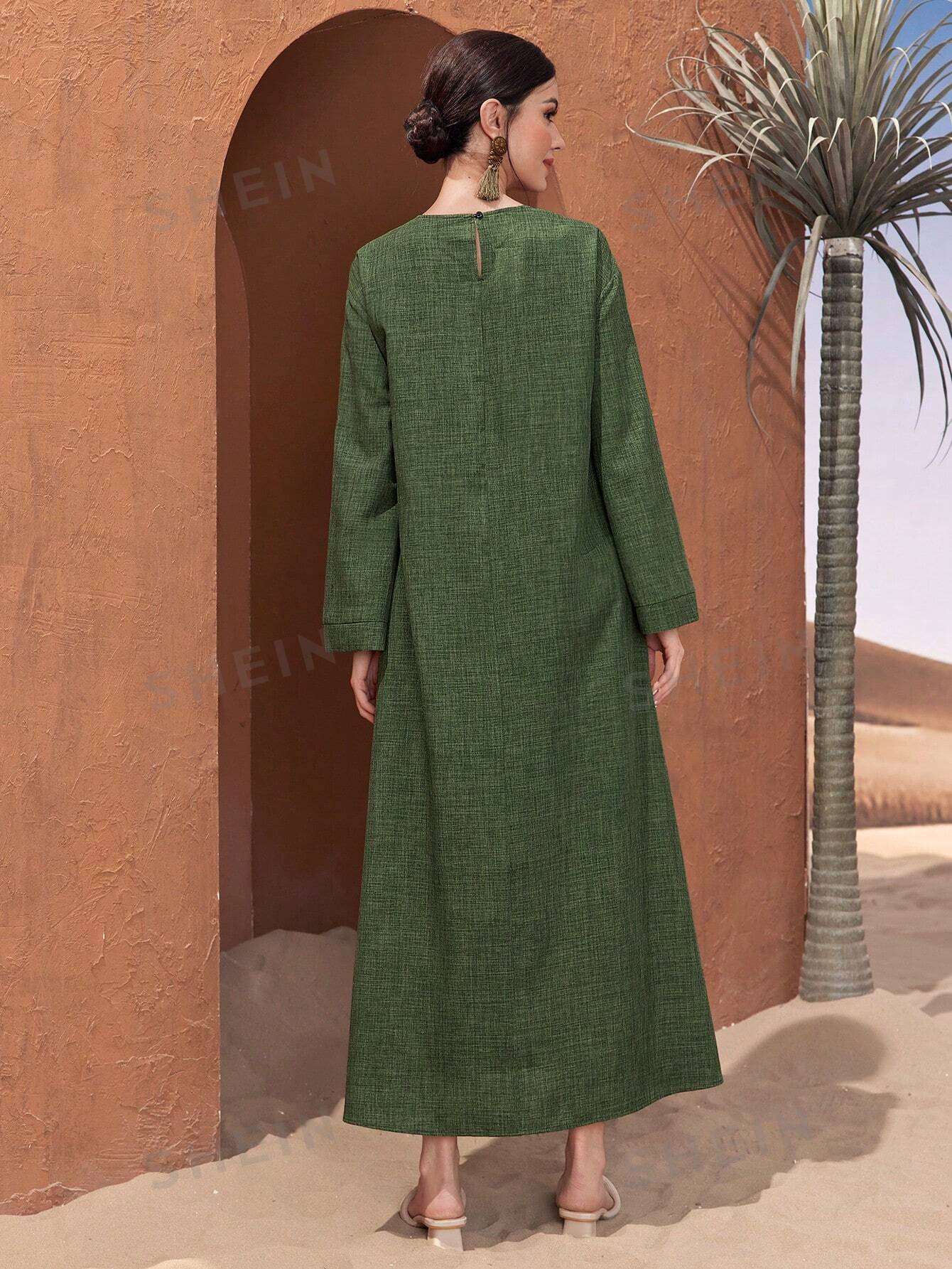 женское платье среднего востока мусульманское платье с капюшоном и бриллиантами платье в арабском стиле юго восточная азия весенняя мод SHEIN Najma Женское льняное платье в арабском стиле с рукавами-колокольчиками, темно-зеленый