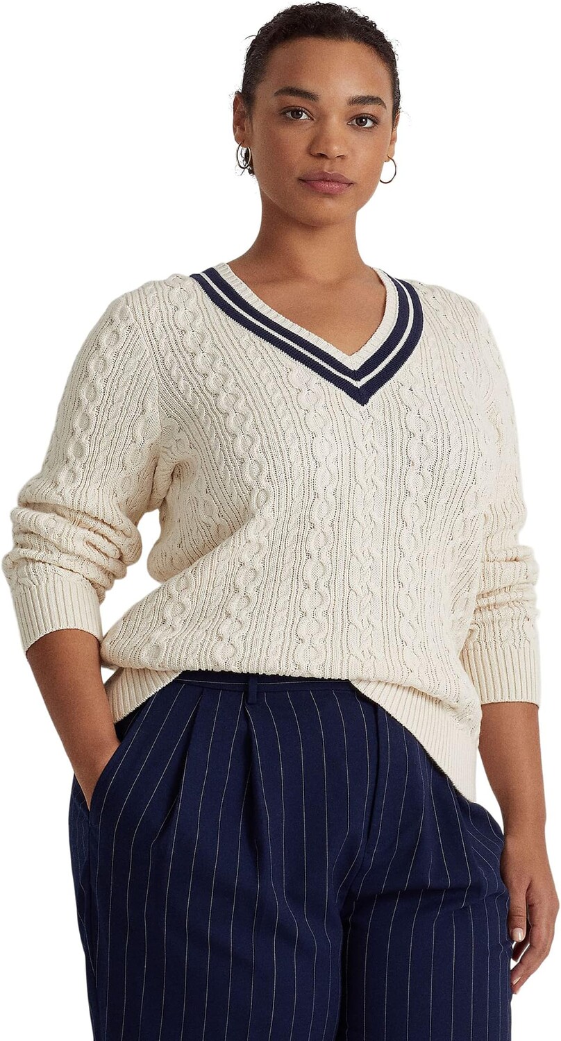 

Свитер крикетной вязки косой вязки больших размеров LAUREN Ralph Lauren, цвет Mascarpone Cream/French Navy