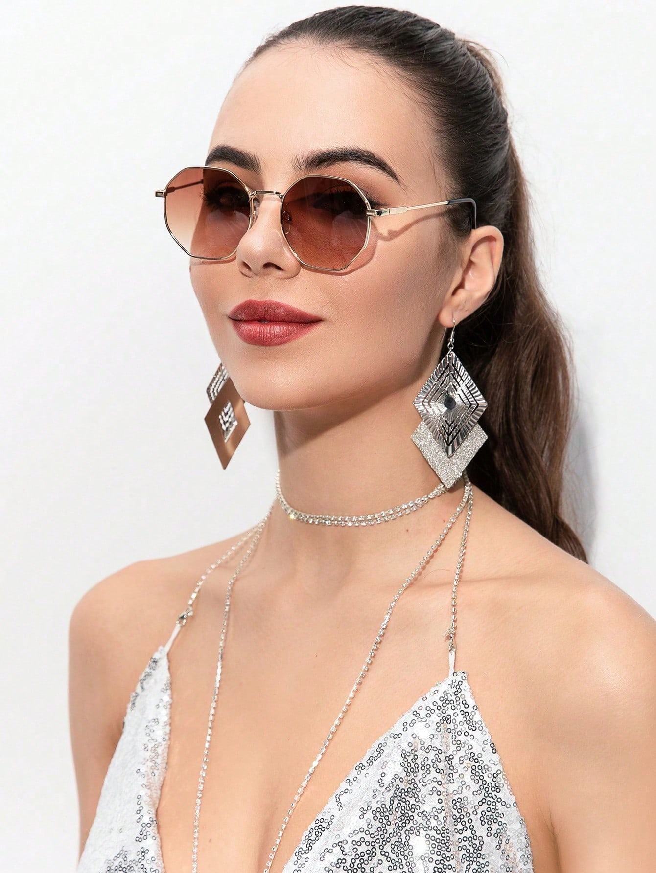 1шт женские модные металлические многогранные очки с декором