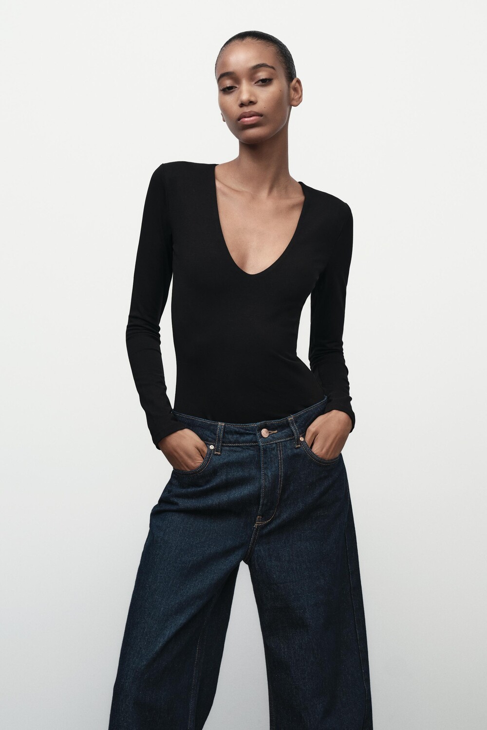 

Боди из хлопка с длинными рукавами ZARA, черный