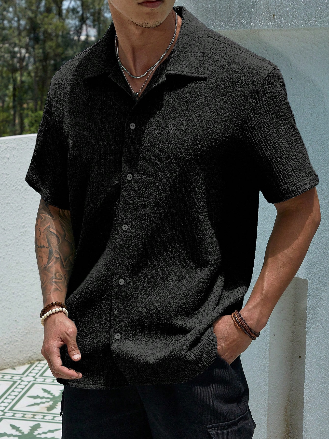 Мужская текстурированная рубашка на пуговицах с коротким рукавом Manfinity Homme, черный