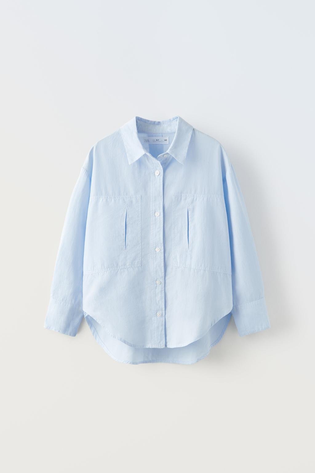 Рубашка из поплин с карманами ZARA, светло-синий