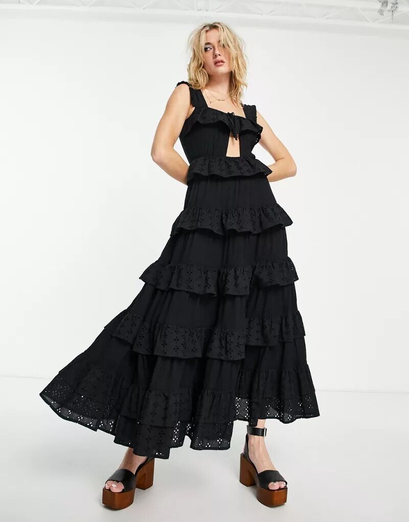 

Черное ярусное свободное платье макси Reclaimed Vintage, Черный