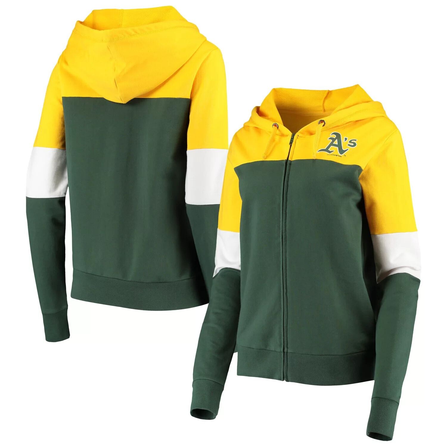 

Женская толстовка New Era Green Oakland Athletics с цветными блоками и молнией во всю длину из френч-терри New Era